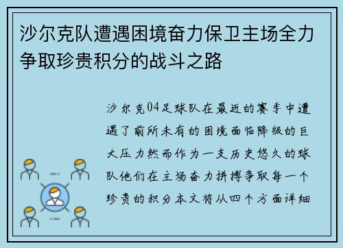 沙尔克队遭遇困境奋力保卫主场全力争取珍贵积分的战斗之路