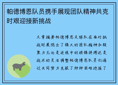 帕德博恩队员携手展现团队精神共克时艰迎接新挑战