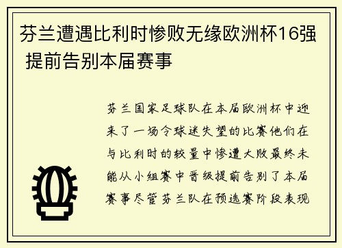 芬兰遭遇比利时惨败无缘欧洲杯16强 提前告别本届赛事