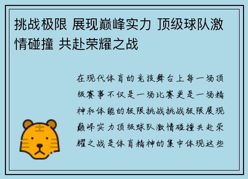 挑战极限 展现巅峰实力 顶级球队激情碰撞 共赴荣耀之战