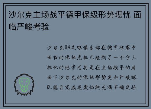 沙尔克主场战平德甲保级形势堪忧 面临严峻考验