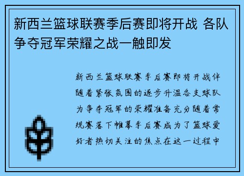 新西兰篮球联赛季后赛即将开战 各队争夺冠军荣耀之战一触即发