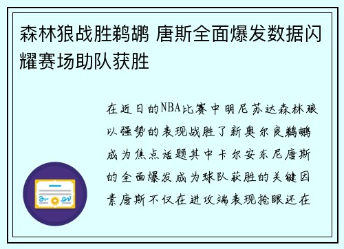 森林狼战胜鹈鹕 唐斯全面爆发数据闪耀赛场助队获胜