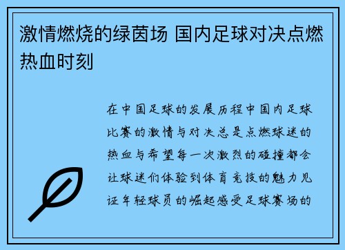 激情燃烧的绿茵场 国内足球对决点燃热血时刻
