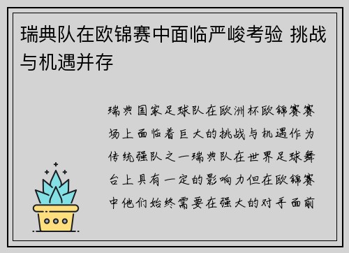 瑞典队在欧锦赛中面临严峻考验 挑战与机遇并存