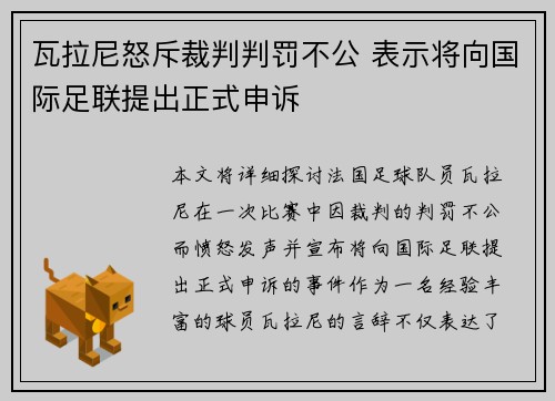 瓦拉尼怒斥裁判判罚不公 表示将向国际足联提出正式申诉