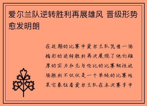 爱尔兰队逆转胜利再展雄风 晋级形势愈发明朗