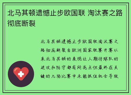 北马其顿遗憾止步欧国联 淘汰赛之路彻底断裂